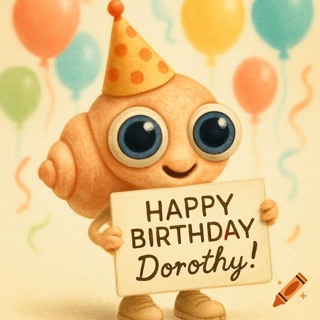 A cute, animated shell character wearing a party hat holds a sign that reads 'HAPPY BIRTHDAY Dorothy!' with blurred balloons in the background.