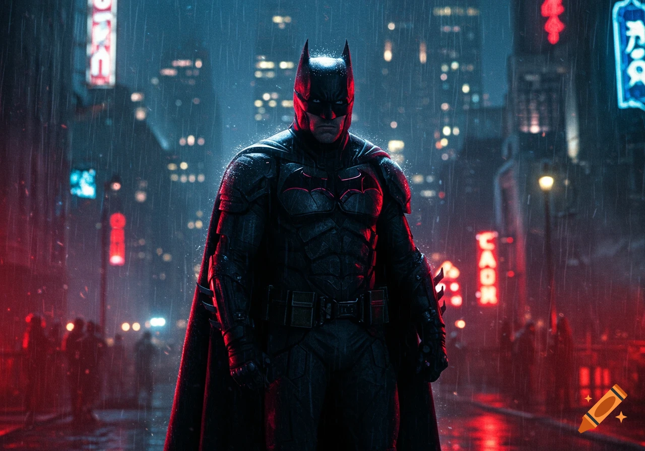Batman in an armored suit stands in a rainy, neon-lit city street at night, bathed in red and blue light.