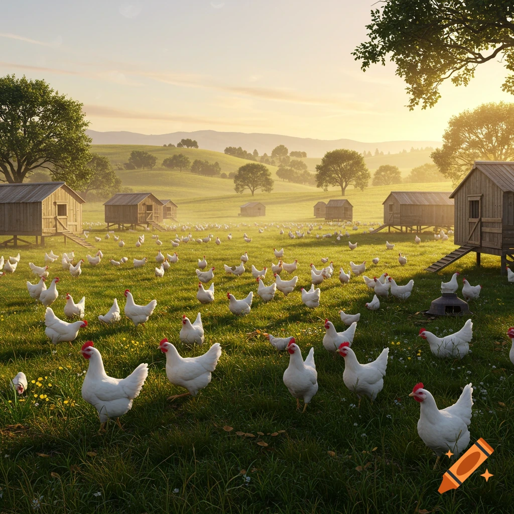 Many white chickens roam a green grassy field with wooden coops under a sunny, hazy sky with rolling hills in the background. Photorealistic.
