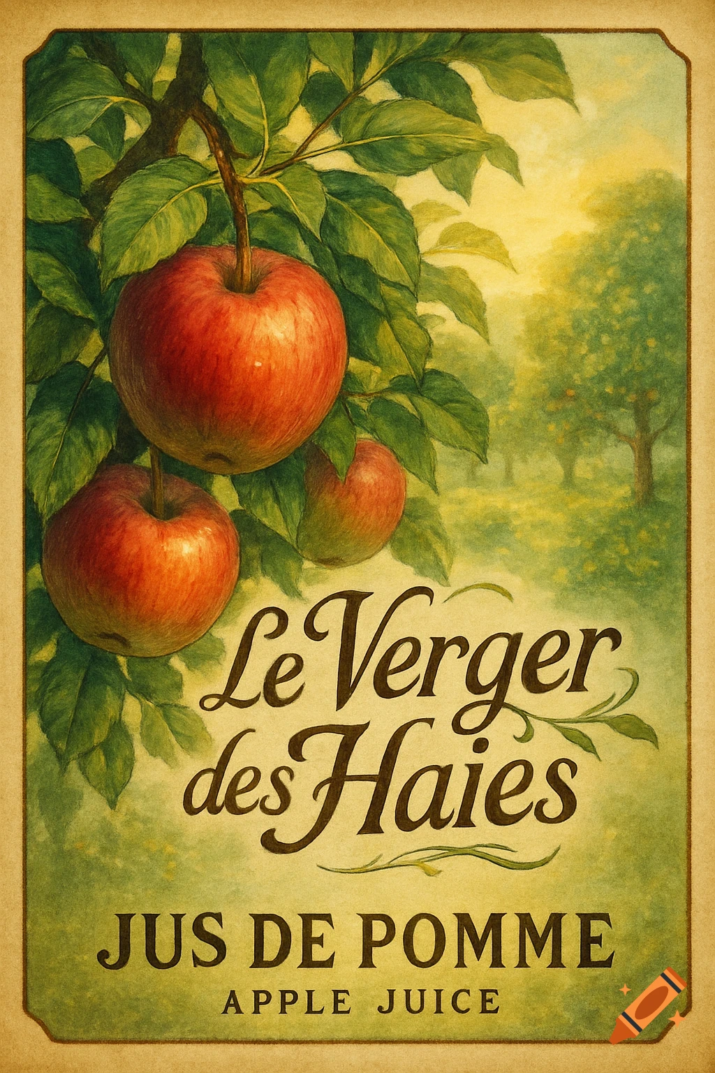 Vintage style illustration of red apples on a tree branch with an apple juice label saying 'Le Verger des Haies' in an orchard.