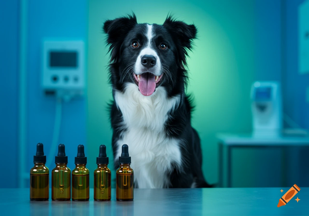 Photorealistic Border Collie dog in a modern veterinary office, with amber dropper bottles on the examination table.