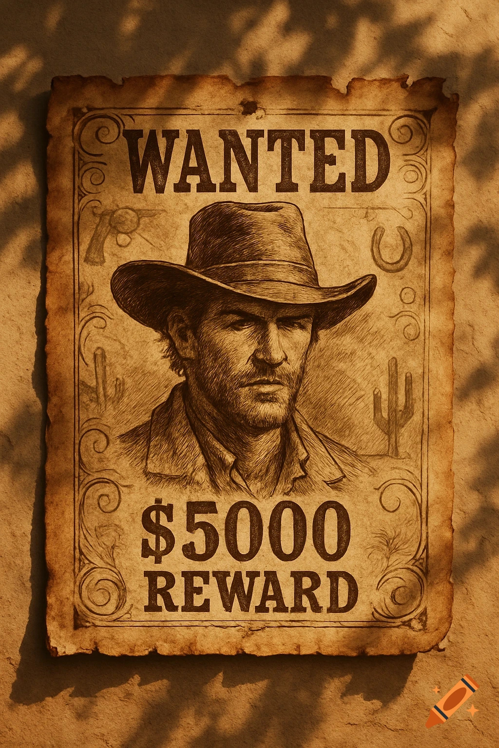 A vintage sepia-toned wanted poster for a man in a cowboy hat, reading 'WANTED $5000 REWARD', with shadows across it.