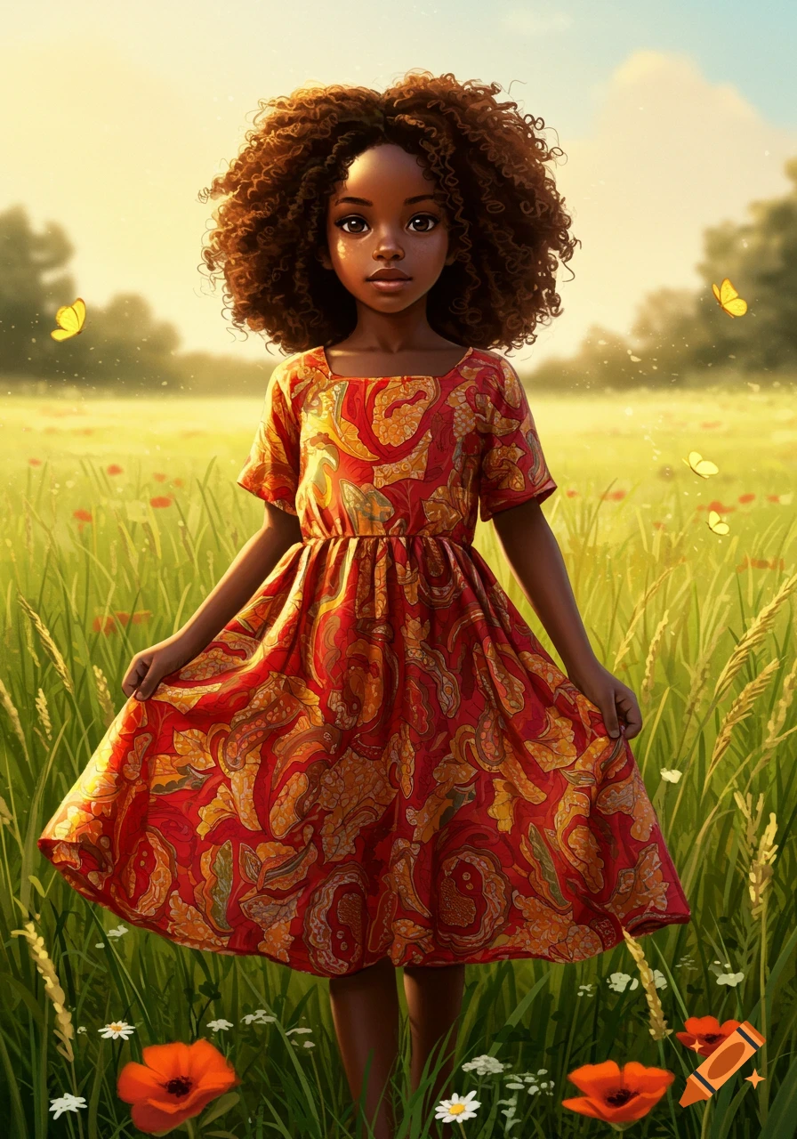 A young Black girl with curly hair in a red patterned dress stands in a sunny green field with flowers and butterflies, artistic illustration.