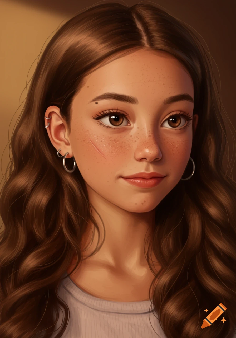 A stylized digital portrait of a young girl with long brown wavy hair, freckles, brown eyes, and facial piercings.