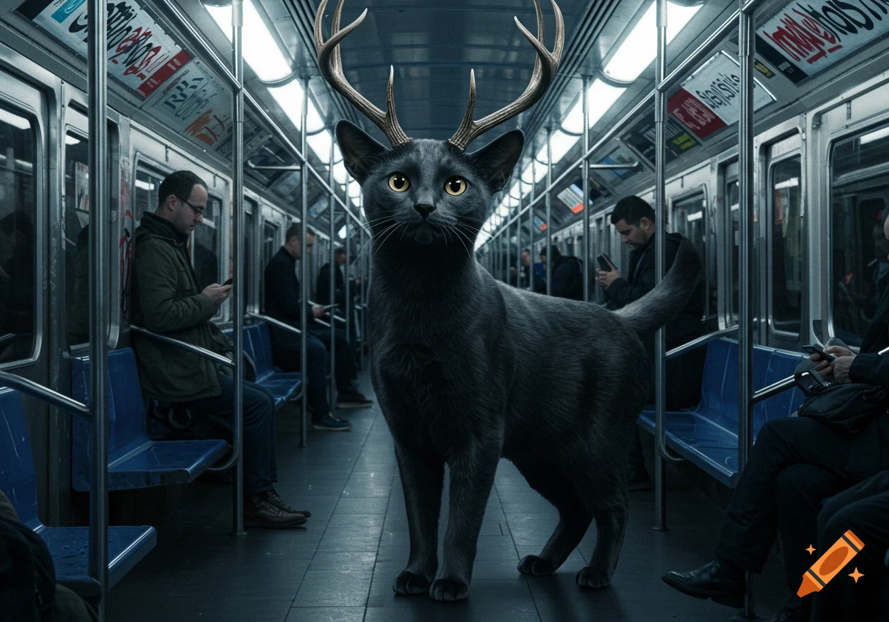 A large black cat with deer antlers stands prominently in a subway car, passengers sit on blue seats in the background.