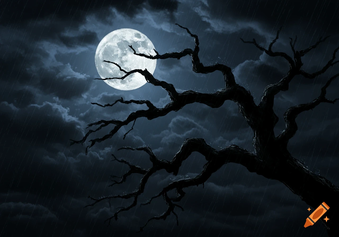 A full moon shines through stormy clouds over silhouetted bare tree branches with falling rain at night.