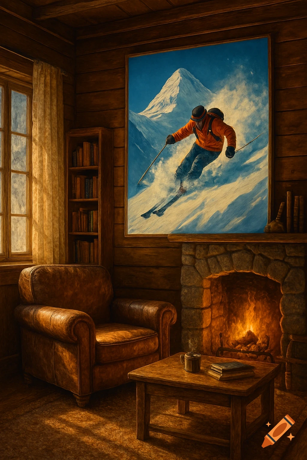 A warmly lit, rustic cabin interior with a stone fireplace, leather armchair, and a painting of a skier on a snowy mountain.