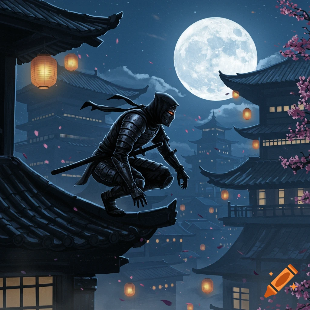 A ninja in dark armor crouches on a tiled Japanese rooftop under a bright full moon, with glowing lanterns and cherry blossoms.