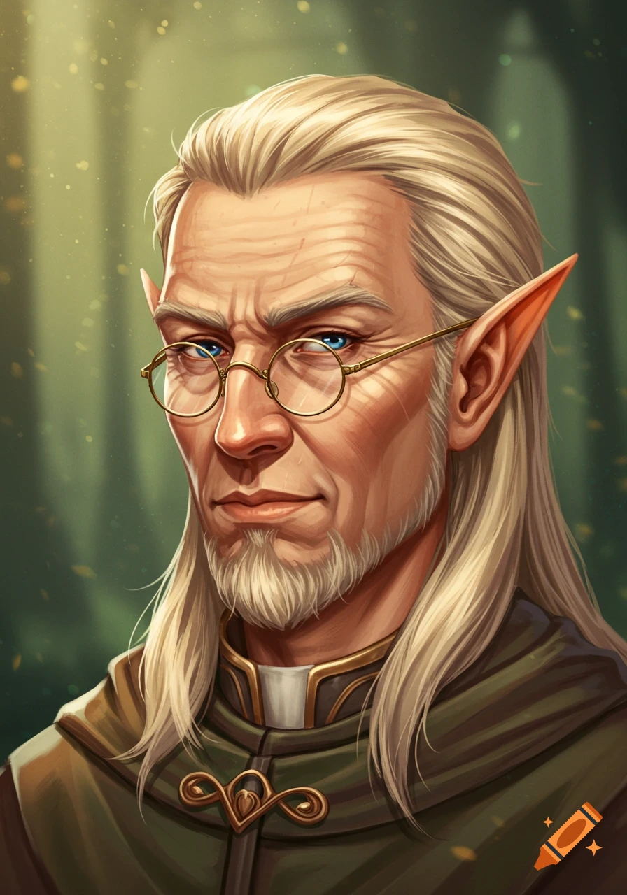 A stern older male elf cleric with long blonde hair, goatee, glasses, and blue eyes, wearing a green cloak. Digital art portrait.