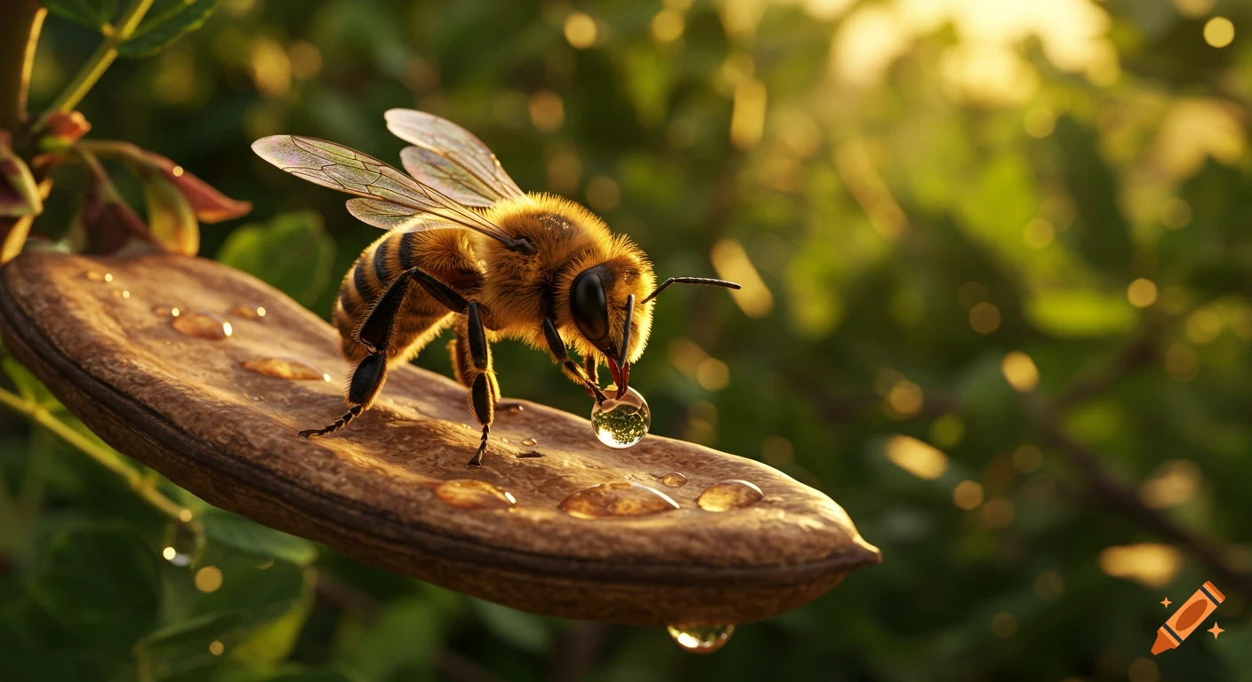 A photorealistic close-up of a furry bee drinking from a clear water drop on a brown seed pod at golden hour.