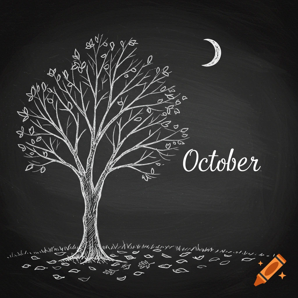 A white chalk drawing on a black chalkboard of a tree, fallen leaves, a crescent moon, and the word October.