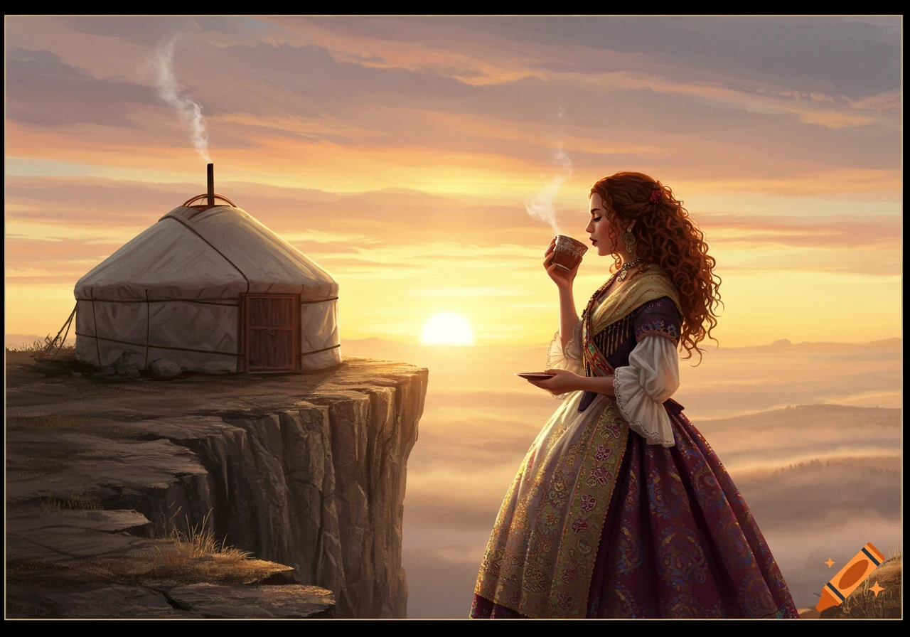 A woman in a colorful dress drinks tea on a cliff next to a yurt, overlooking a misty sunrise landscape in a digital painting style.