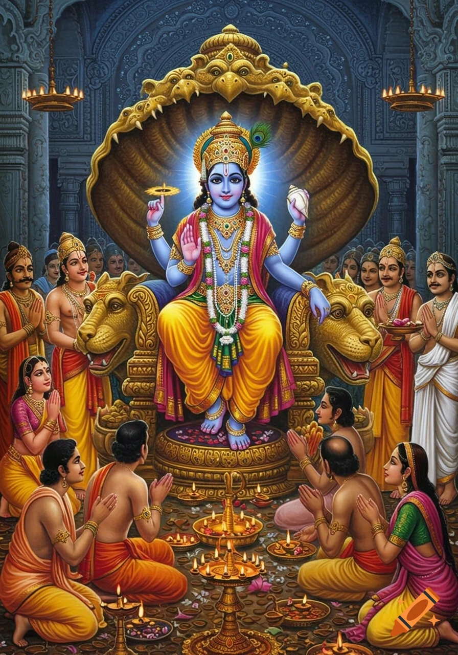 Lord Vishnu on a golden throne with a divine aura, surrounded by devotees praying in a glowing temple.