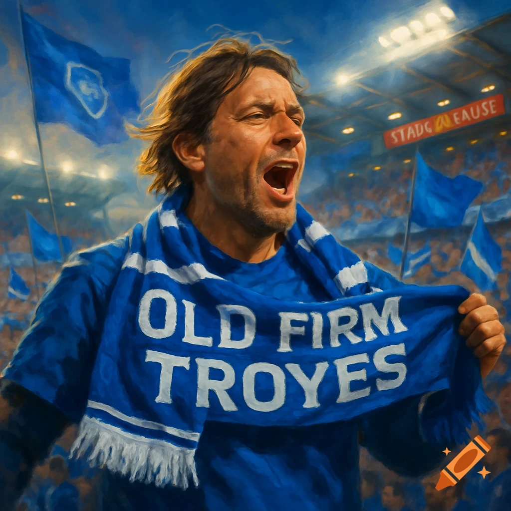Enthusiastic male soccer fan holding a blue scarf with 'OLD FIRM TROYES' written on it, cheering in a stadium. Painterly.