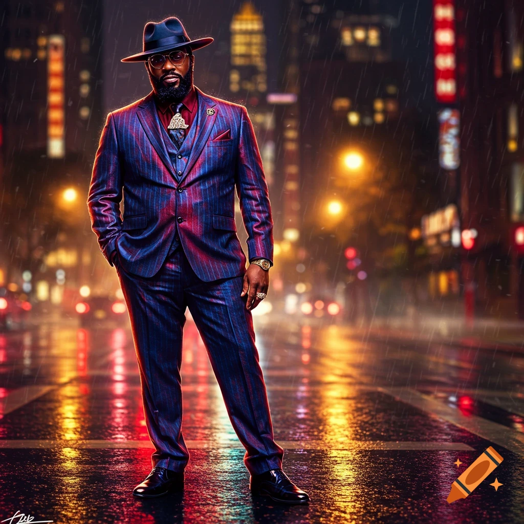 Photorealistic image of a man in a pinstriped suit, fedora, and sunglasses, standing on a rainy city street at night.