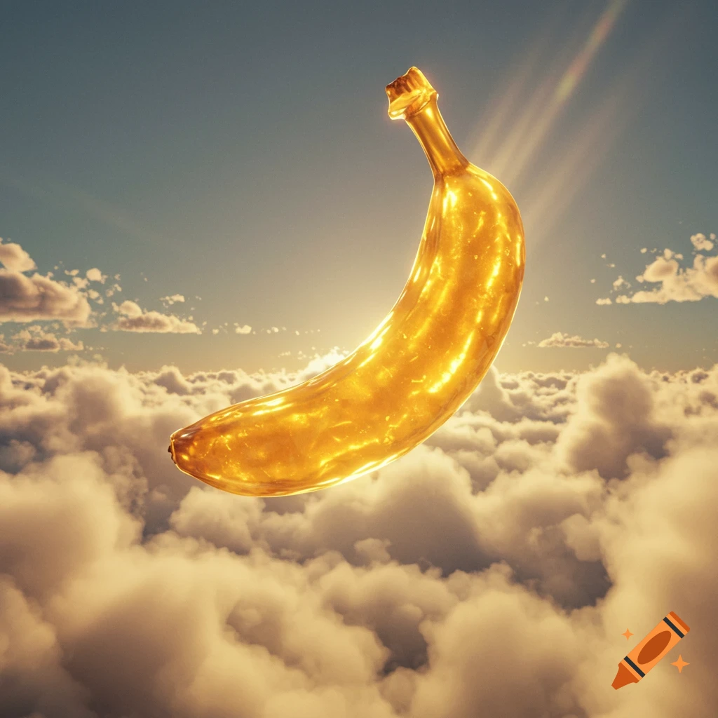 A glowing golden banana floats majestically in a sky filled with soft, ethereal clouds, illuminated by divine light rays.