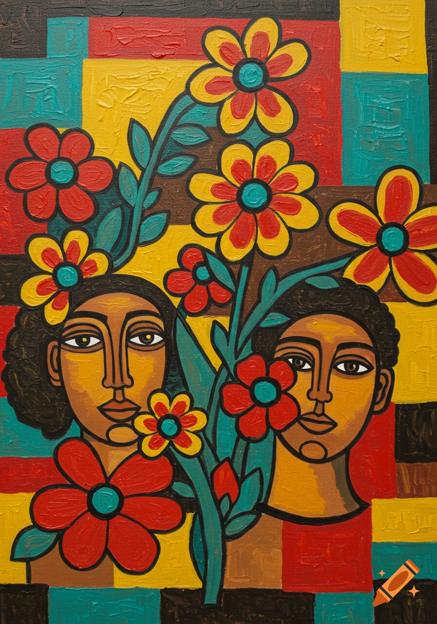 A colorful geometric painting of two stylized faces surrounded by red and yellow flowers against a blocked background.