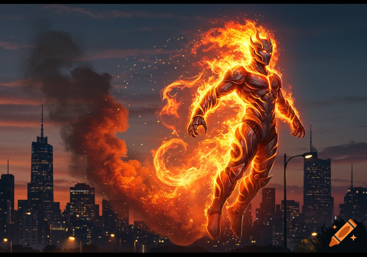 A fiery superhero, glowing with flames and sparks, hovers dynamically above a twilight city skyline.