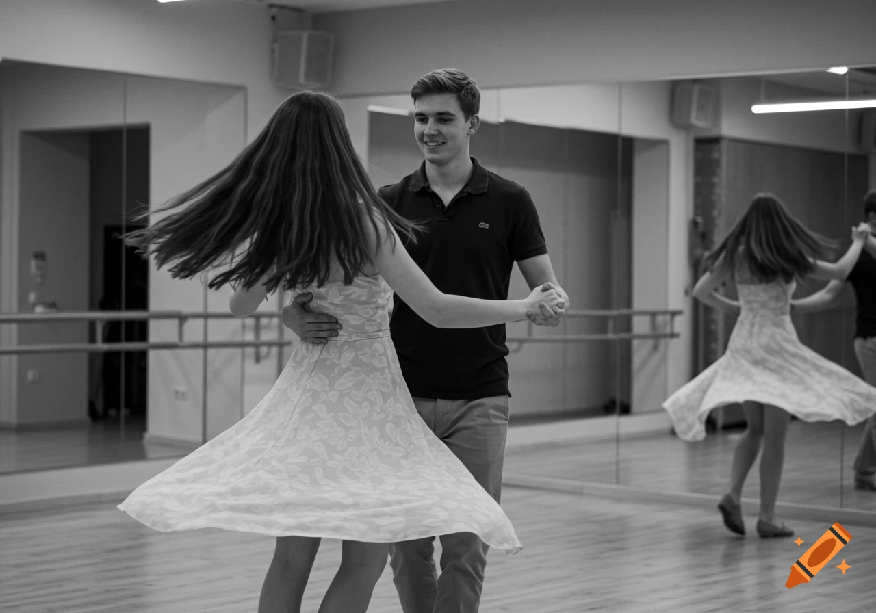 A young man and woman dance in a black and white photo, the woman spinning with flowing hair in a dance studio with mirrors.