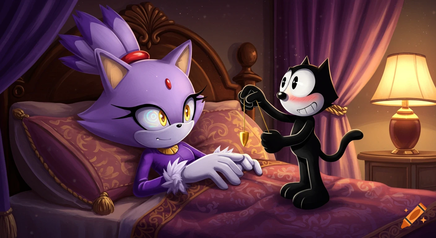 Cartoon illustration of Felix the Cat hypnotizing Blaze the Cat with a pendulum in a regal bedroom.