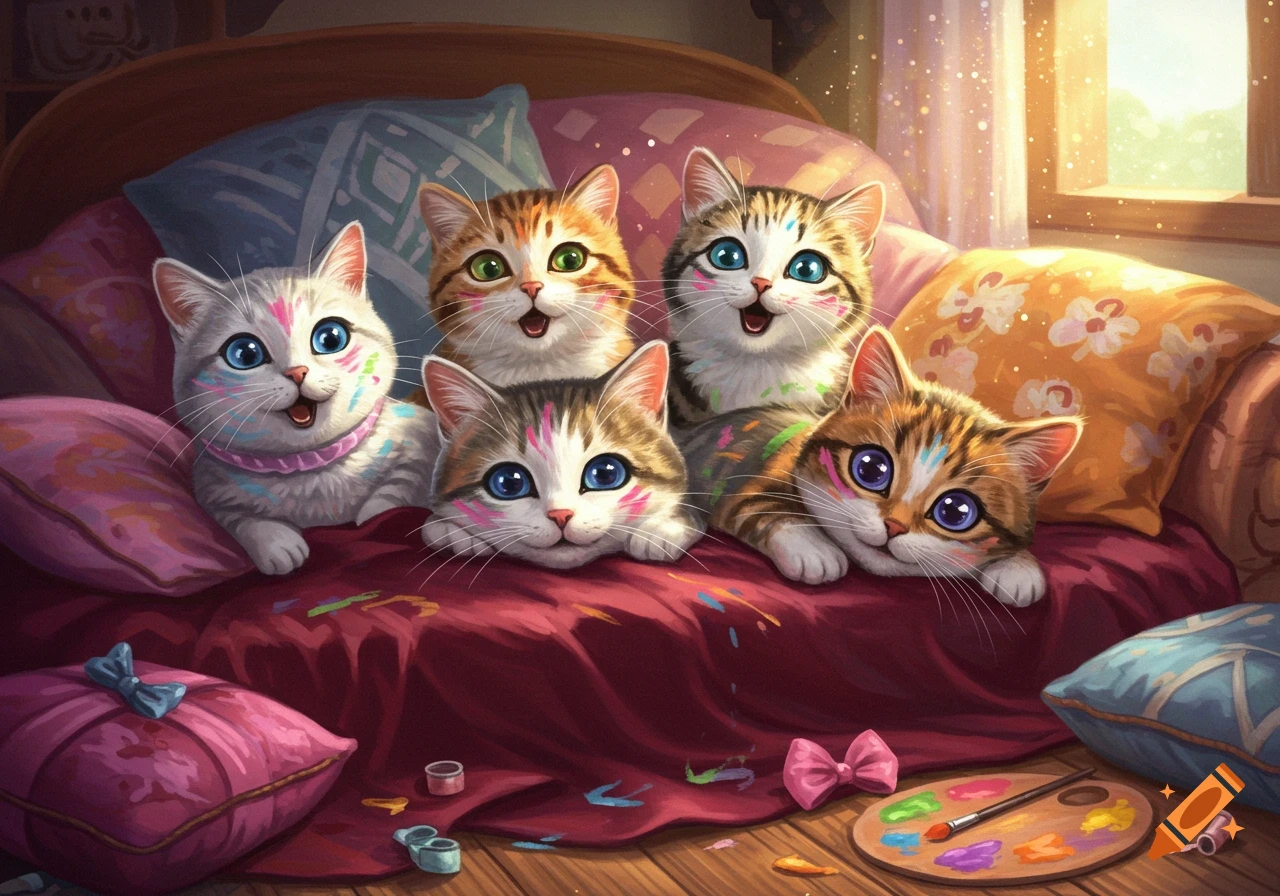 Five cute, painted kittens on a red bed with pillows and an art palette, in a colorful stylized illustration.