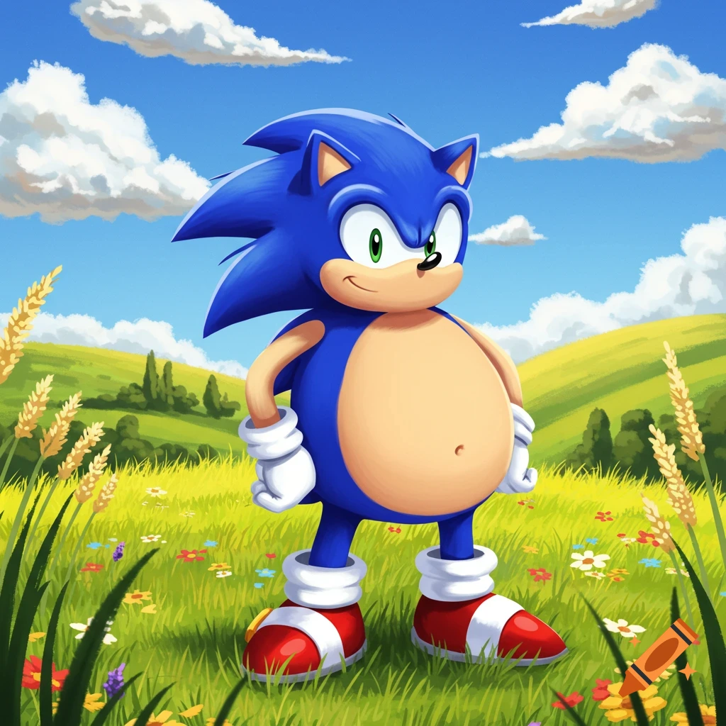 An overweight Sonic the Hedgehog stands in a vibrant green field under a blue sky with clouds. He has a big belly and wears his classic red shoes.
