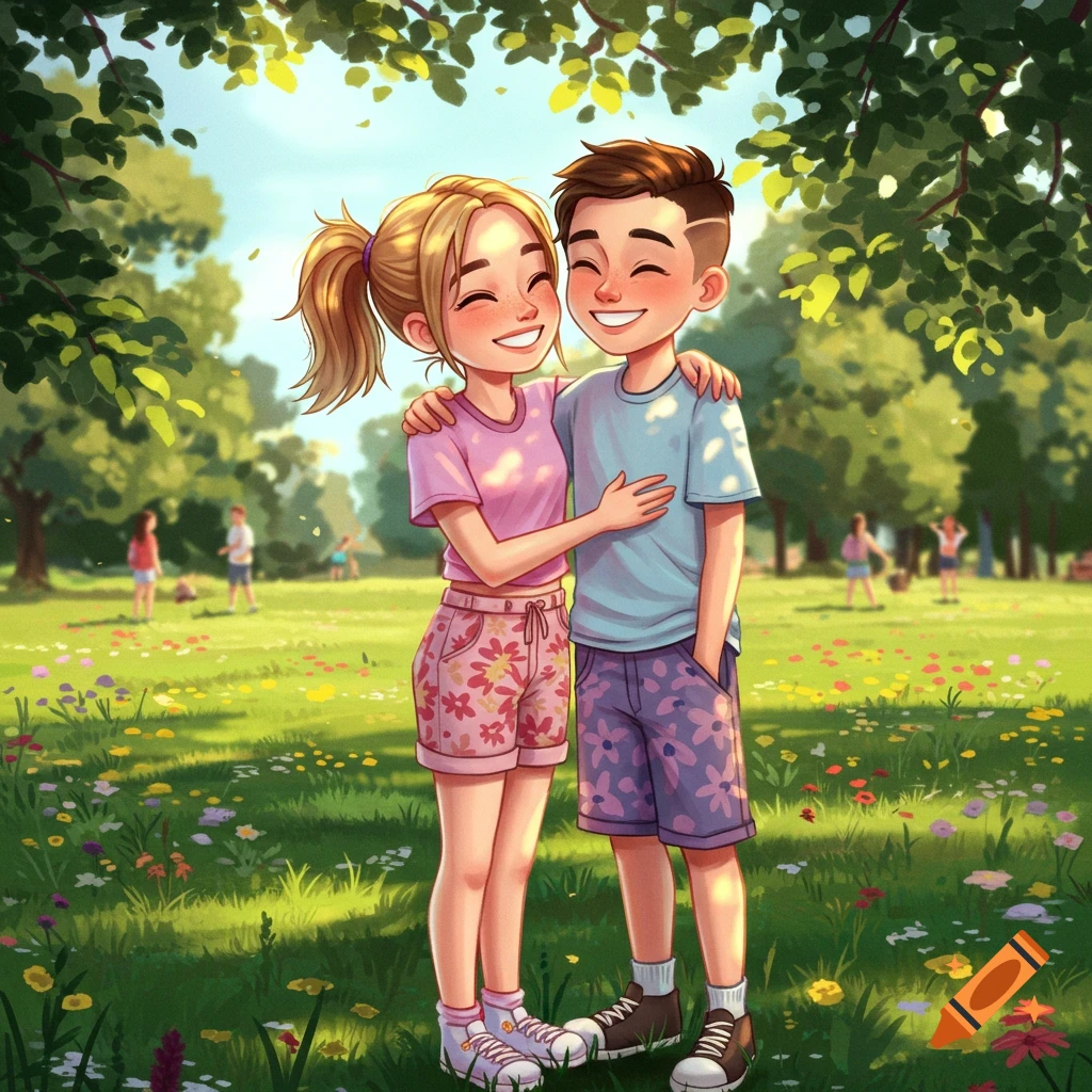 A smiling cartoon teen couple hugging in a sunny park filled with colorful flowers and green trees.