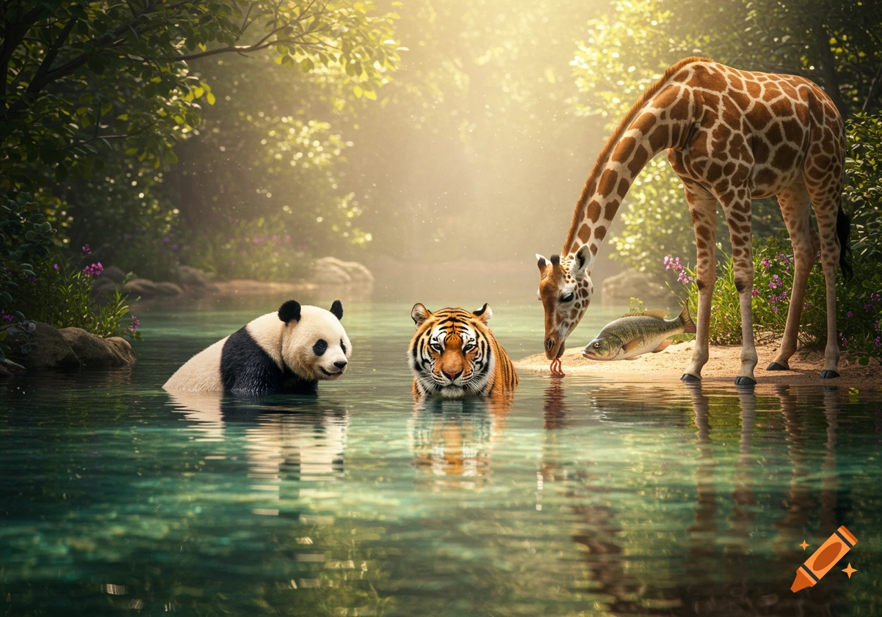 Photorealistic image of a panda and tiger wading in a river, a giraffe drinking, and a fish in the water, with sunlit trees.