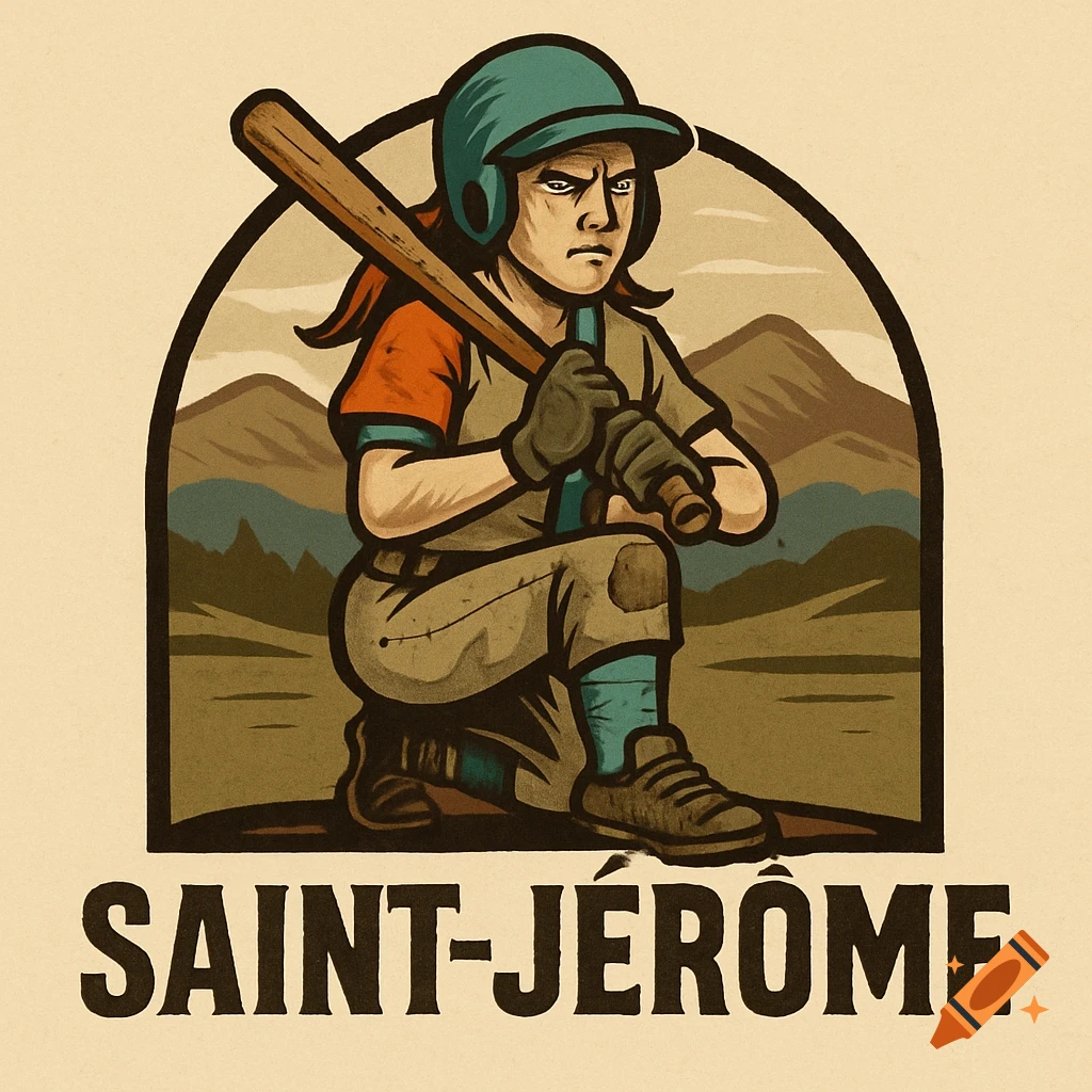 Vintage-style illustration of a stern softball player in a helmet and uniform, kneeling with a bat. Mountains in background, text 'SAINT-JÉRÔME'.