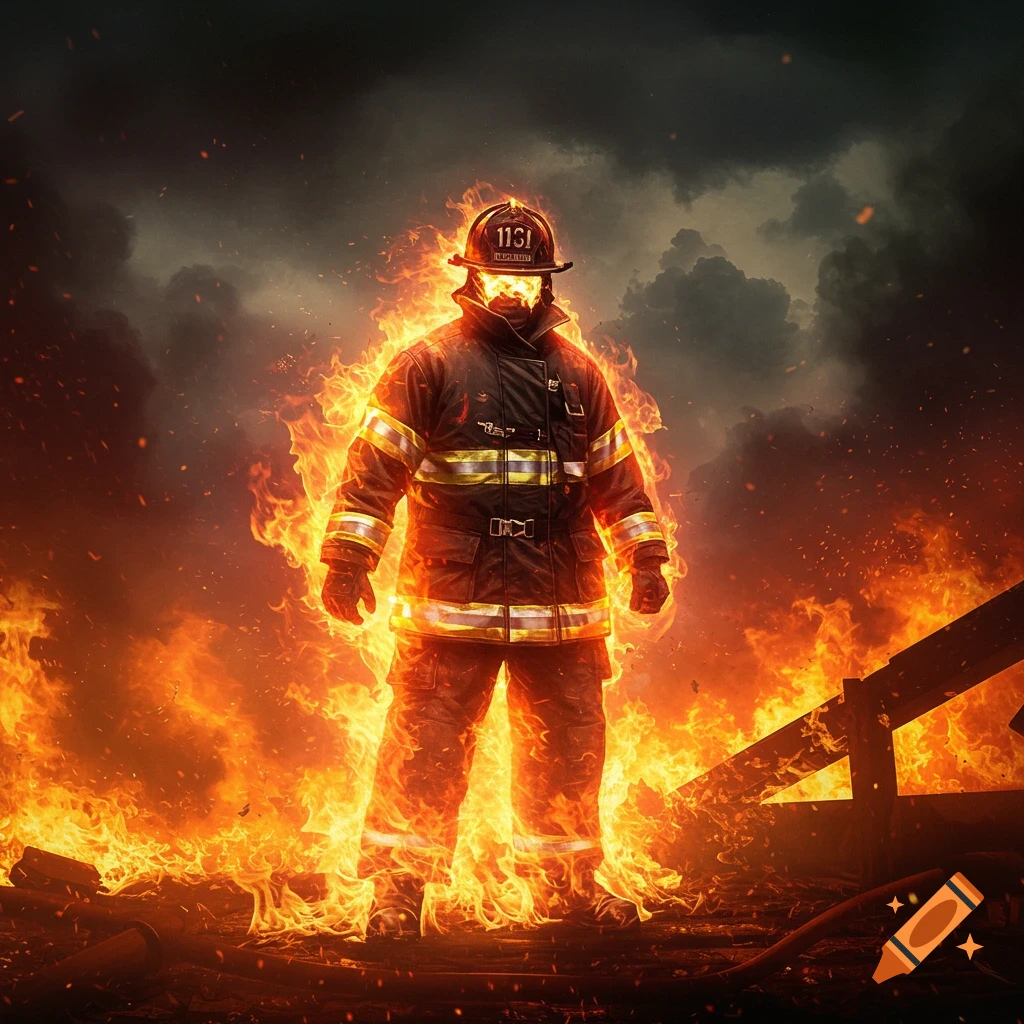 A dramatic, photorealistic image of a fireman engulfed in bright flames, standing heroically amidst a fiery, smoky backdrop.