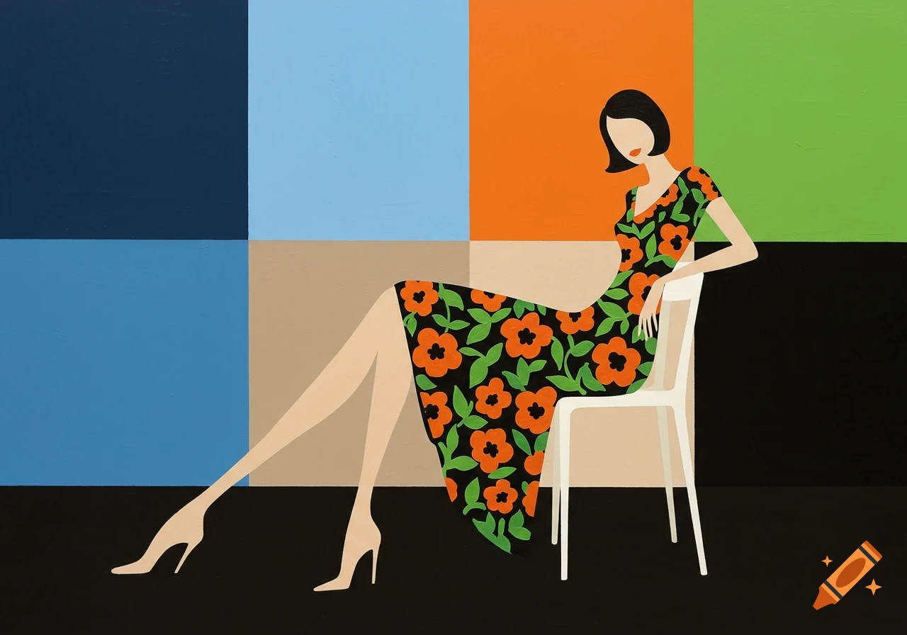 Minimalist graphic art of a woman in a black floral dress with elongated legs, sitting on a chair against a background of colored blocks.
