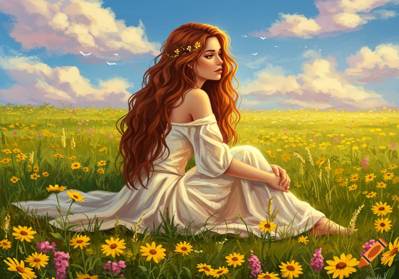 Illustrated woman with long red hair and a white dress sitting in a sunny field of yellow and purple wildflowers.