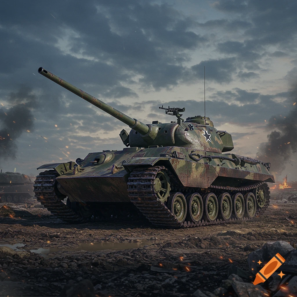 A detailed, camouflaged tank with a long cannon stands on a muddy battlefield under a cloudy, smoky sky.
