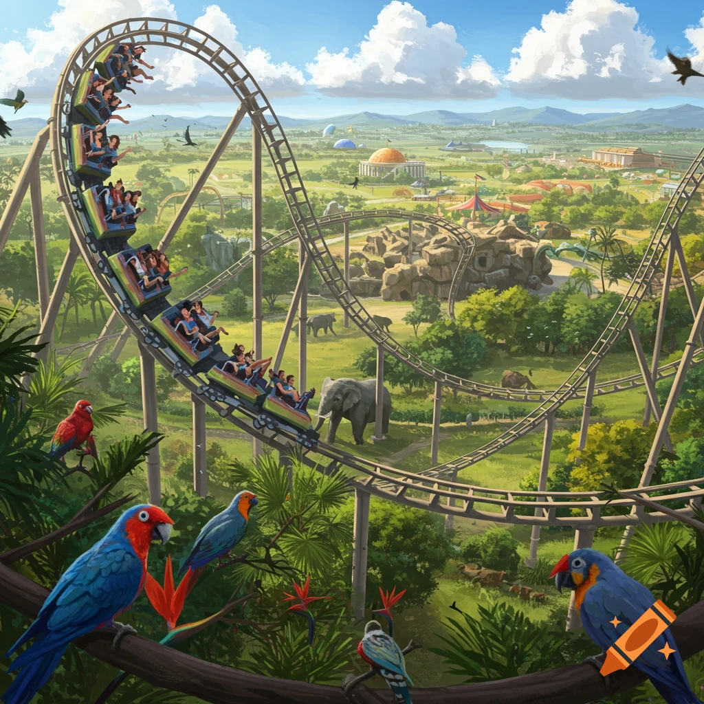 A vibrant illustration of a roller coaster winding through a lush zoo and theme park landscape with elephants and tropical birds.