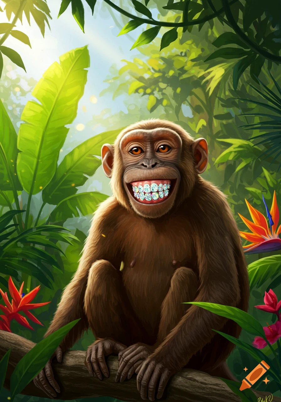 A smiling brown monkey with sparkling diamond grills on its teeth sits on a branch in a vibrant green jungle with lush foliage and flowers.