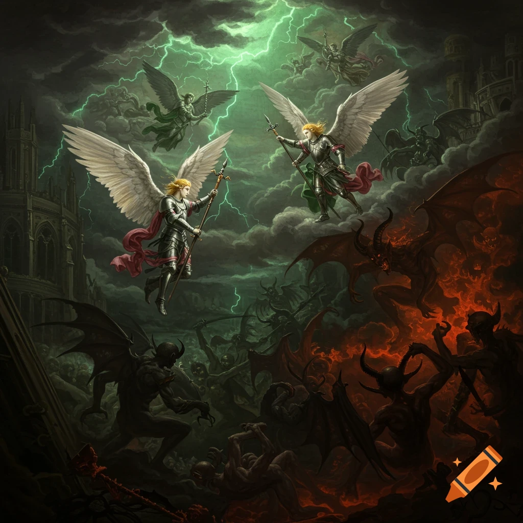 Dark baroque painting of angels fighting demons in a stormy sky with lightning and hellfire.