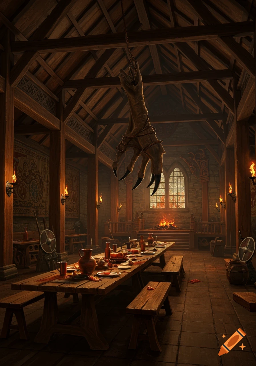 A dark, torch-lit medieval mead hall with a long wooden table set for a feast. A giant, monstrous claw hangs from the ceiling. A fireplace glows in the background.