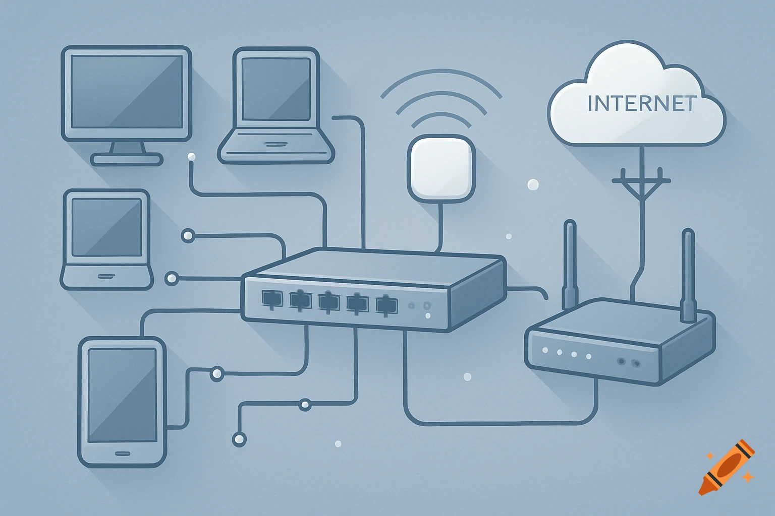 Illustration of a network diagram showing computers, laptops, tablets, a wired switch, a wireless access point, and the internet cloud.