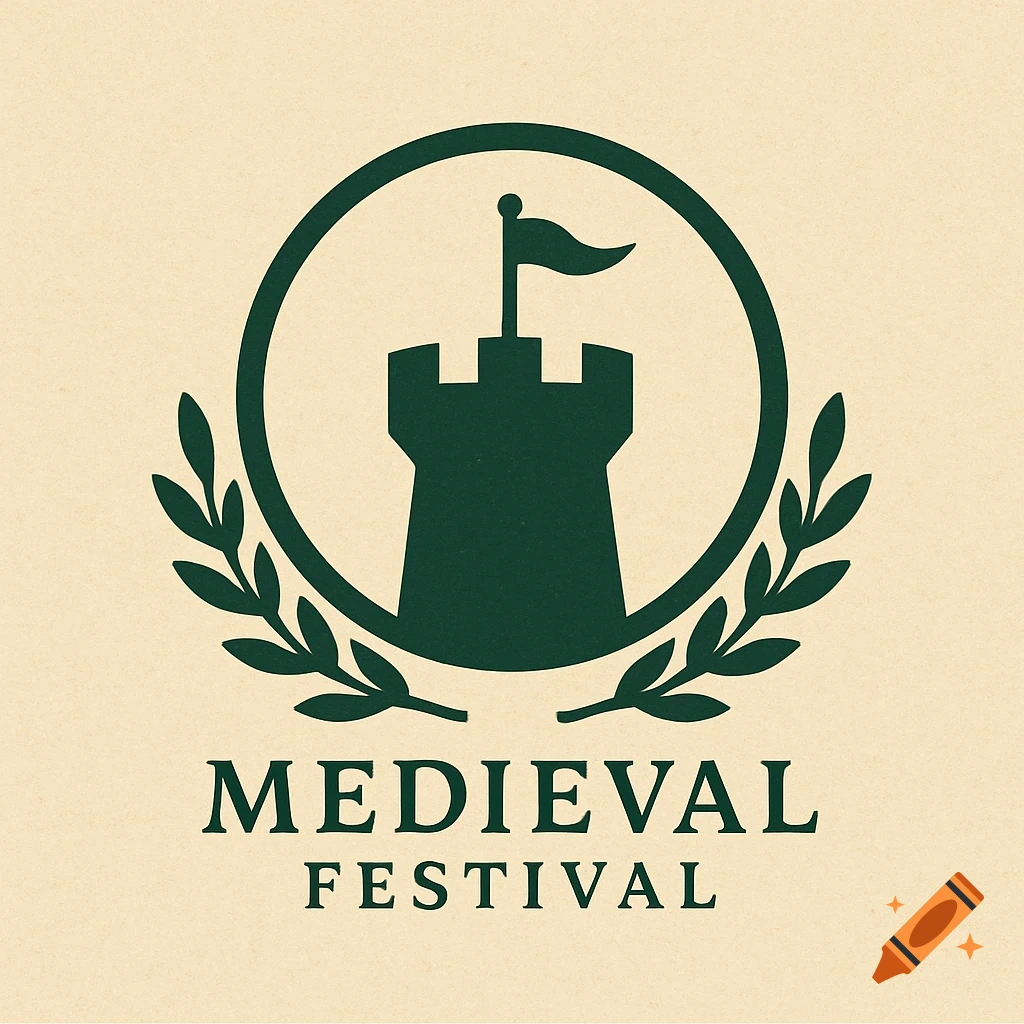 A dark green logo featuring a castle tower with a flag inside a circle, flanked by olive branches, with 'MEDIEVAL FESTIVAL' text below.