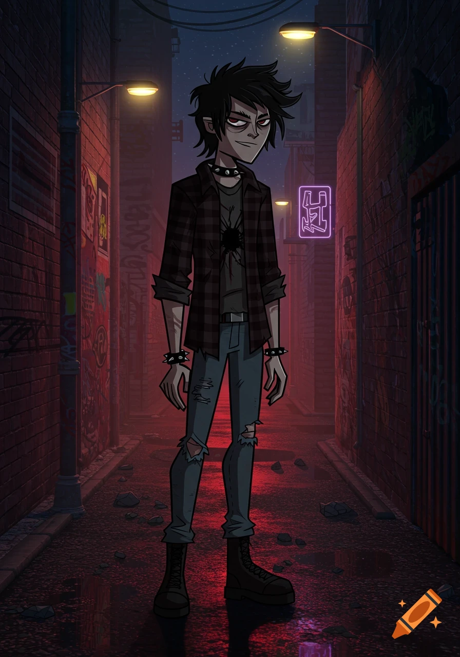 Grunge cartoon character with spiky hair, plaid shirt, and ripped jeans standing in a dark, graffiti-covered urban alley at night.
