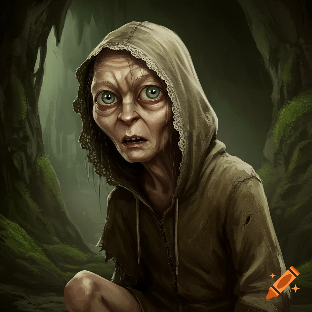 A digital painting of a gaunt, hooded creature resembling Gollum, with wide green eyes, in a dark, mossy cave.