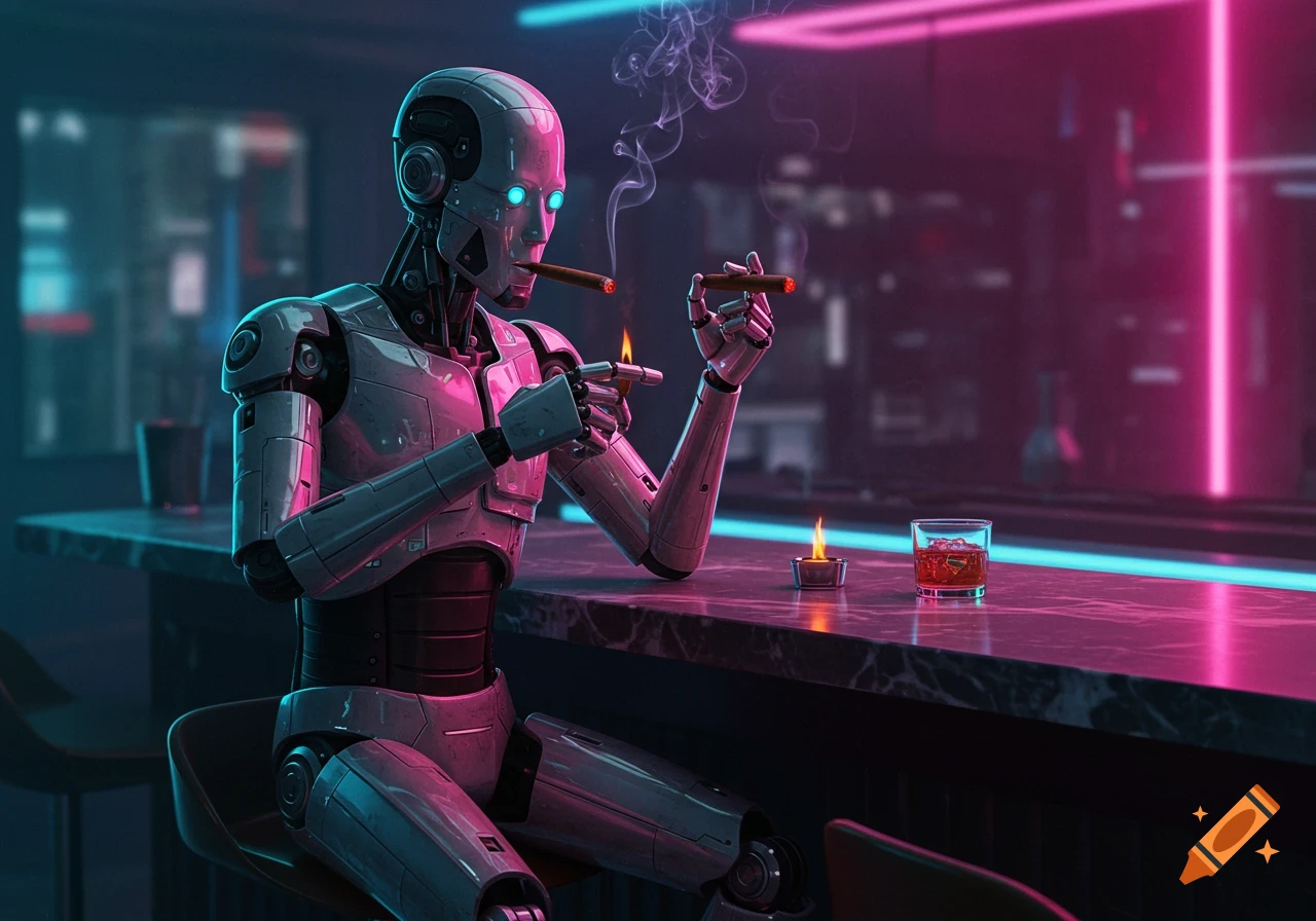 A humanoid robot with glowing blue eyes sits at a neon-lit cyberpunk bar, smoking a cigar, with a drink beside it. Photorealistic style.