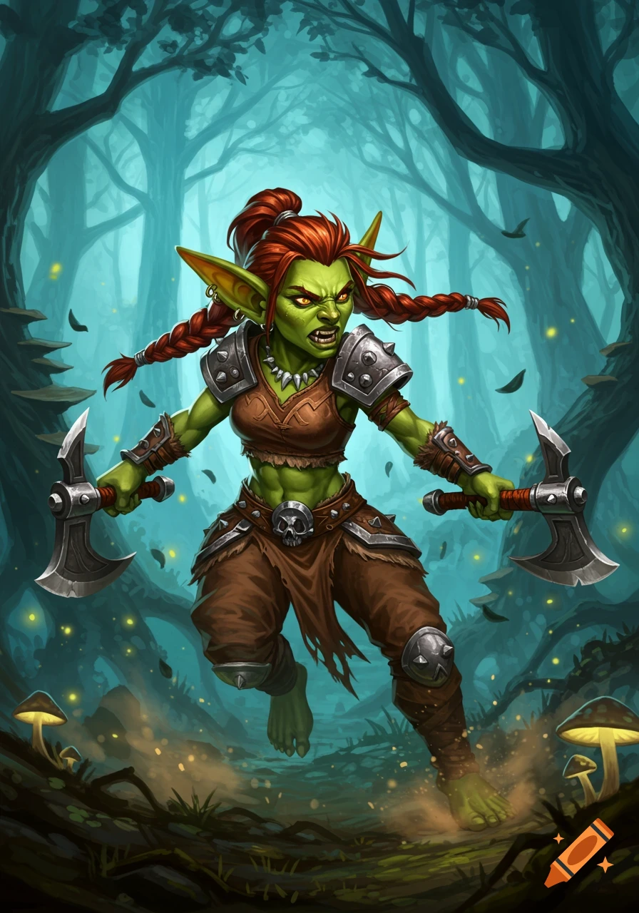 A fierce female goblin with red braids and green skin, wearing armor and dual-wielding axes, charges through a mystical forest.