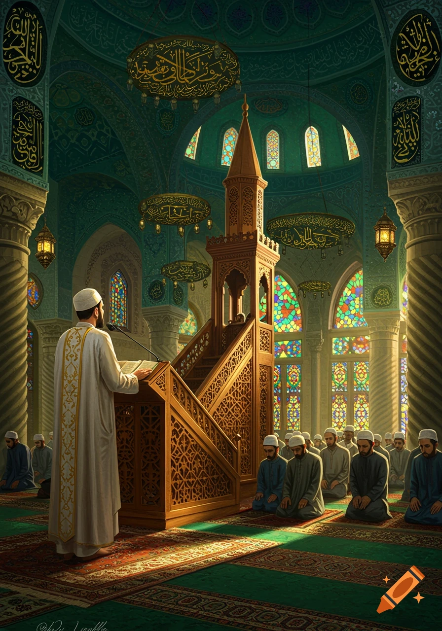 An Imam preaches from a wooden minbar in a grand mosque with intricate green and gold details, stained glass windows, and men kneeling in prayer.