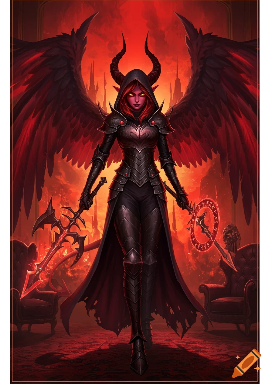 A tall female demon in dark armor with horns and large black wings stands in a fiery hellscape, holding a spiked weapon and a glowing runic circle.