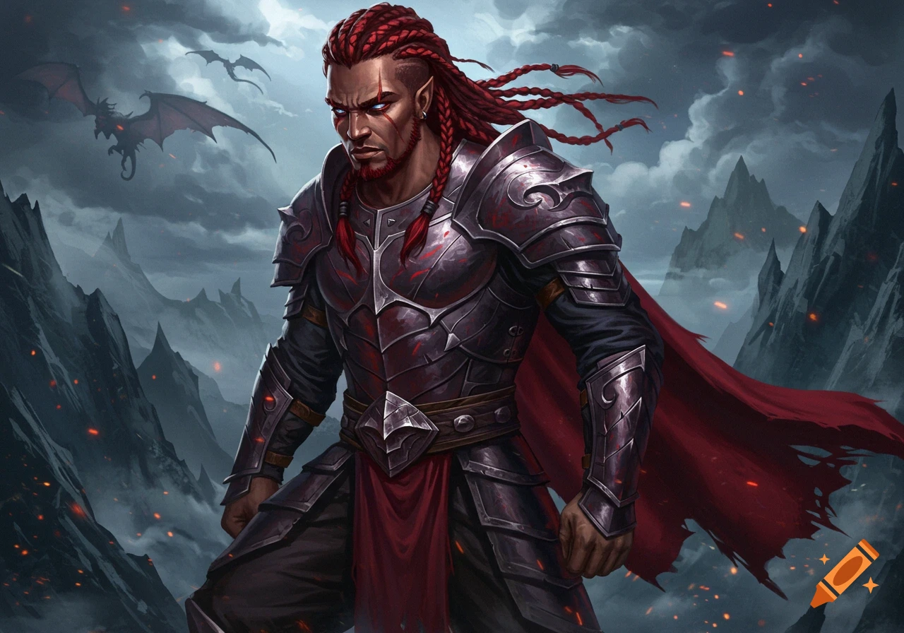 A dark-skinned man with red braided hair and glowing red eyes in dark armor and a red cape stands in a stormy mountain landscape with flying dragons.