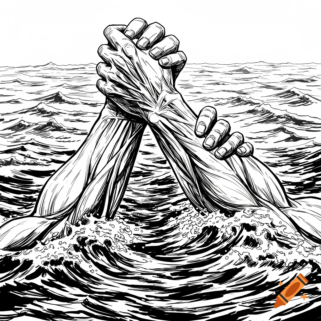 Close-up black and white line drawing of two muscular arms gripping each other above turbulent water, depicting a rescue.