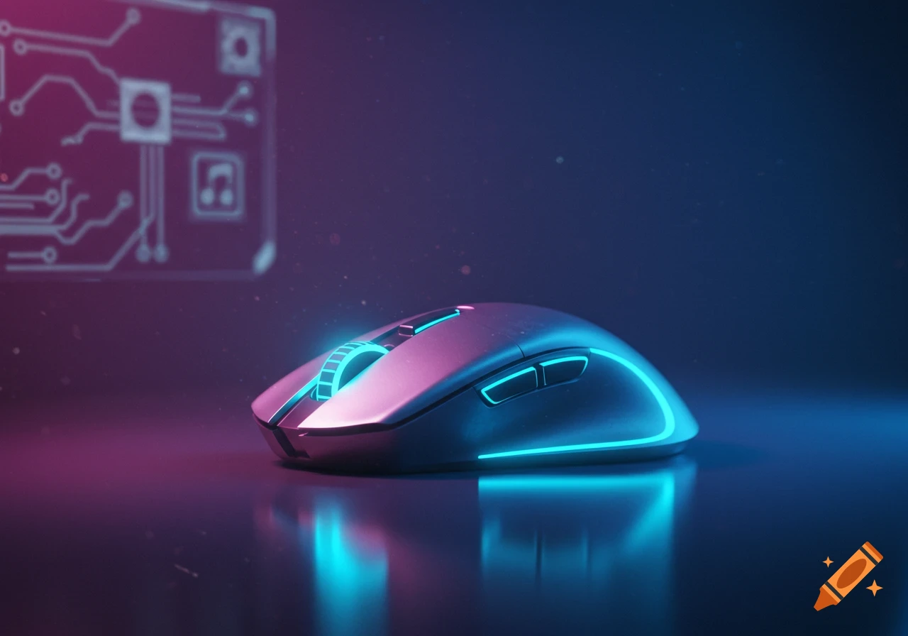A sleek computer mouse with blue and pink neon lighting on a reflective surface, with a blurry circuit board graphic in the background.