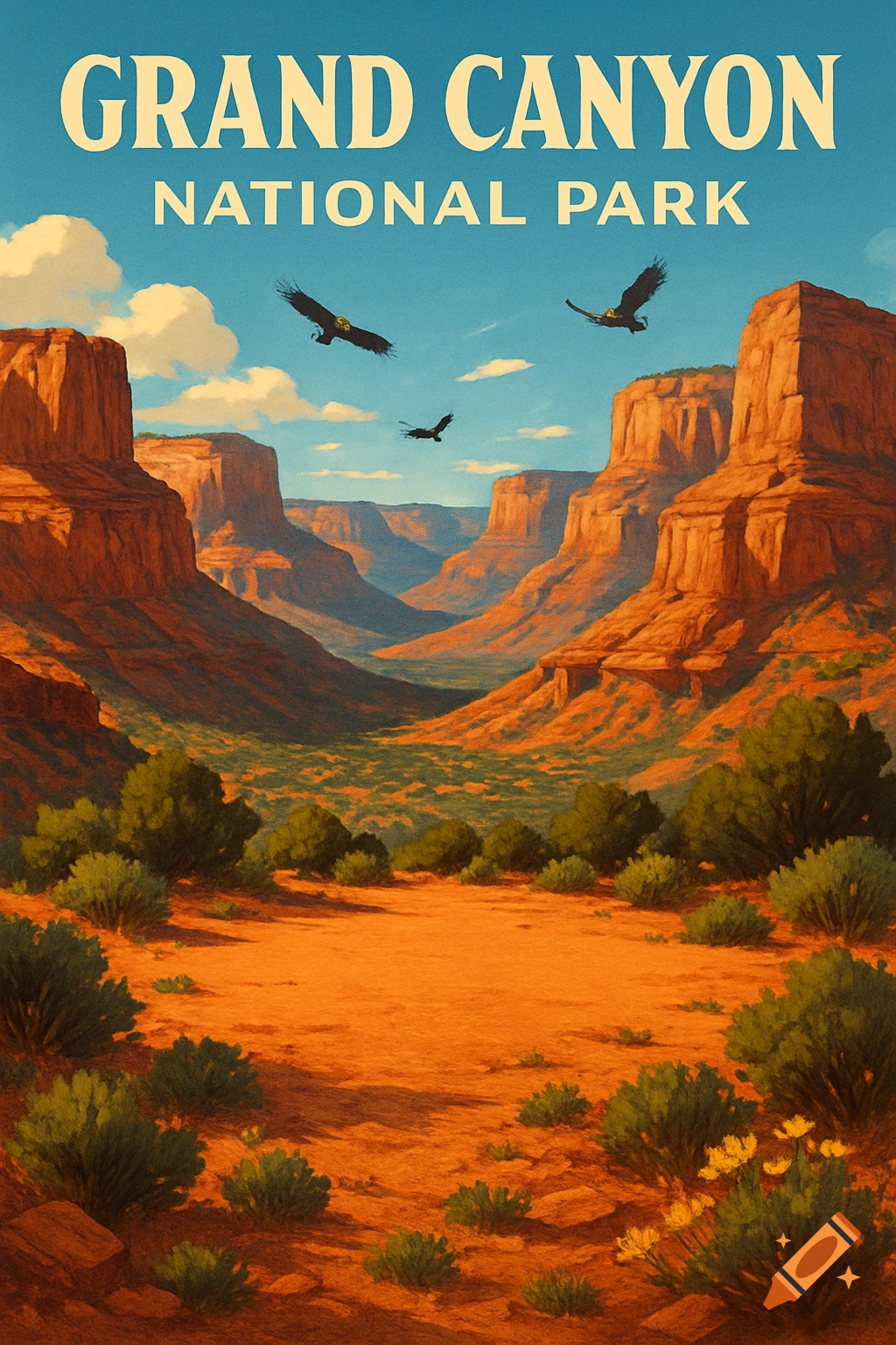 Stylized illustration of Grand Canyon National Park with towering mesas, a valley of green shrubs, three eagles flying, and text 'GRAND CANYON NATIONAL PARK'.