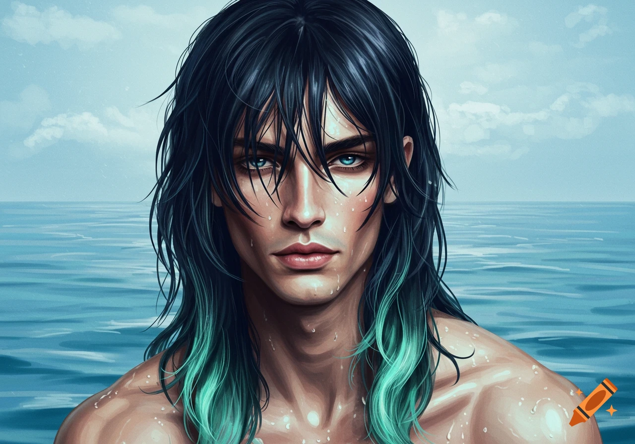 Digital art portrait of a man with long, dark hair with teal ends, wet and in the ocean, looking forward.